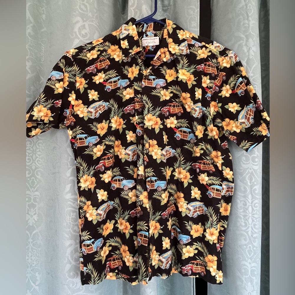 Vintage Aloha Shirt - Made in Kauai - hibiscus, woodies panel vans & surfboards